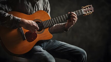 Obraz premium A_man_sitting_on_a_stool_playing_an_acoustic_guitar
