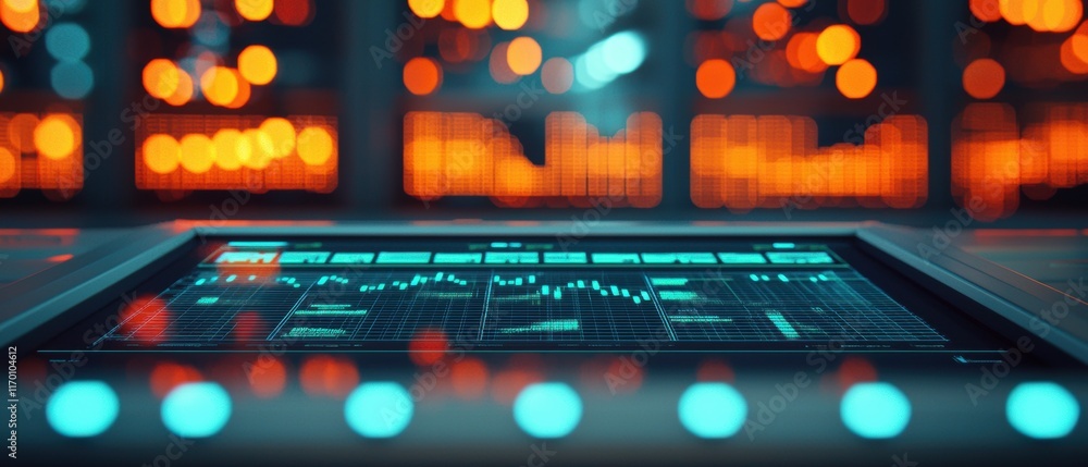 Poster modern digital interface with data visualization and bright lights