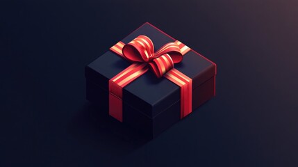 Obraz premium Black box with a red ribbon on top. The box is decorated with a red bow. The box is sitting on a dark background