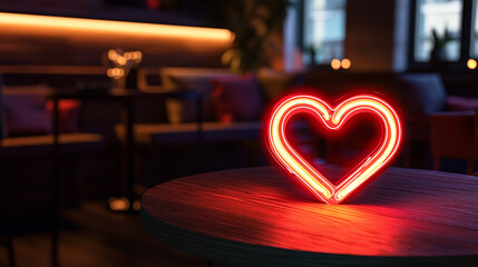 A glowing neon heart sign on a darkened wooden table in an intimate venue with subtle lighting. The vibrant red hue illuminates the surroundings, creating a romantic and welcoming atmosphere.


