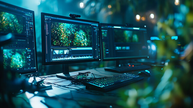 modern home video editing suite with multiple monitors displaying vibrant visuals, creating inspiring workspace for creativity