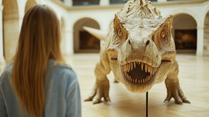 Woman views museum dinosaur exhibit