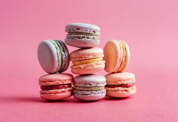 Heart-shaped macarons on a pink background