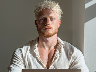 Young albino man with freckles and blond curly hair sits at his laptop in the sunlight