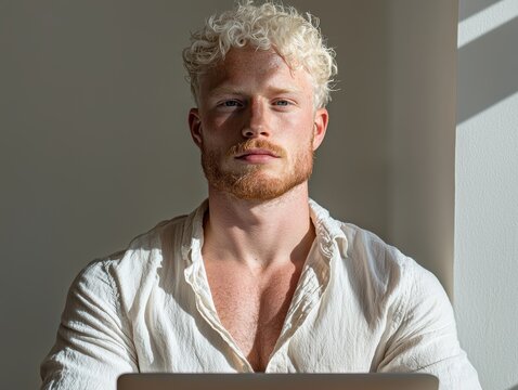 Young albino man with freckles and blond curly hair sits at his laptop in the sunlight - Powered by Adobe