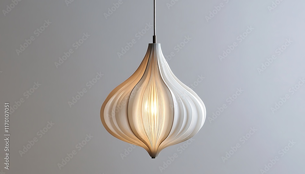 Poster a stylish pendant lamp with a unique, modern design illuminating a soft space.