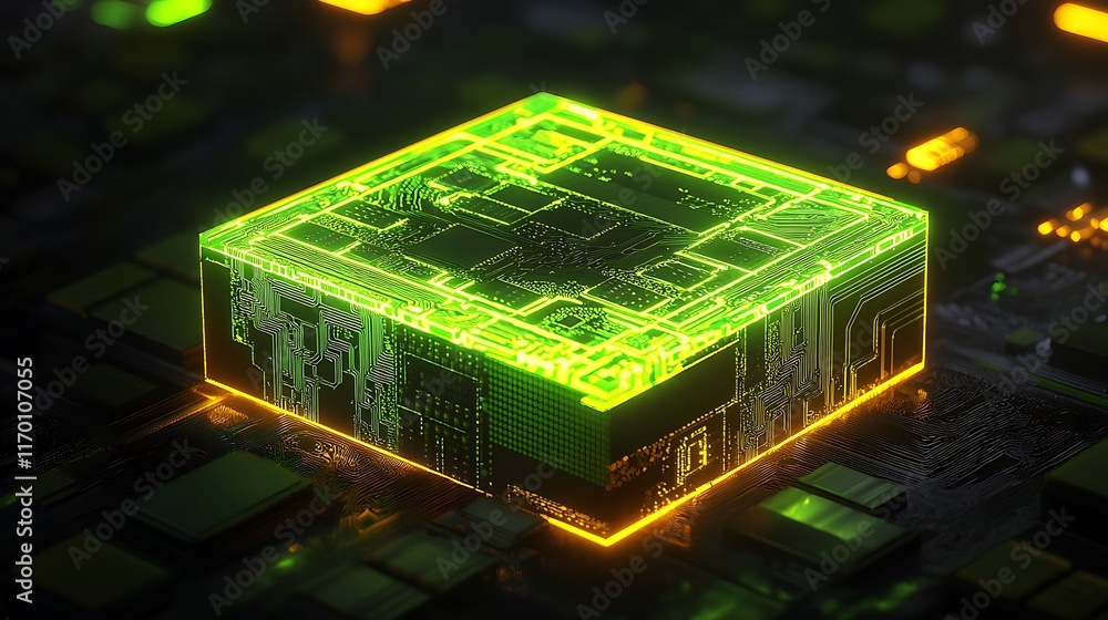Poster a glowing neon motherboard icon in vibrant green and yellow, with intricate glowing circuit patterns