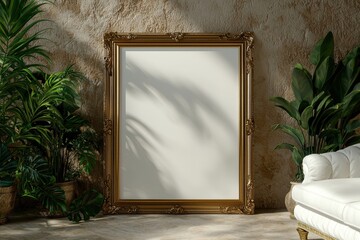 Blank ornate gold frame mockup with tropical plants and white sofa