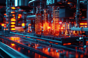Obraz premium Automated pharmaceutical production line with glowing test tubes.