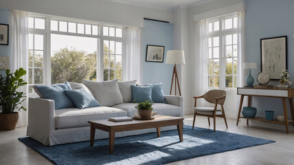 Inviting and spacious living room with a baby blue couch shelves filled with books and large windows letting in sunlight transitional interior design