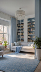 Naklejka premium Inviting living room with a baby blue sofa bookshelves and large windows creating a perfect reading corner and natural light transitional interior design