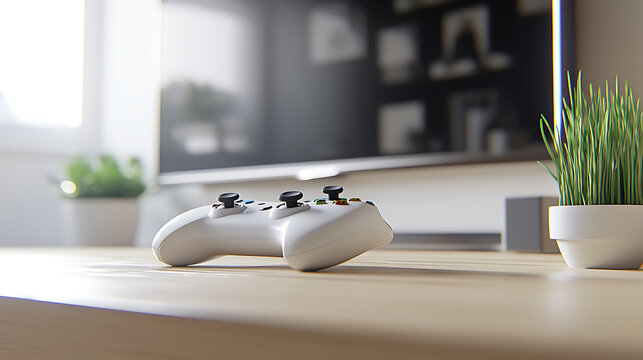 gaming console controller on wooden table with modern TV in background, creating cozy gaming atmosphere