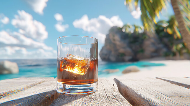 refreshing glass of arrack sits on wooden table by beach, surrounded by palm trees and beautiful ocean view