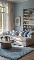 Obraz premium Peaceful reading room and living area featuring a baby blue sofa bookshelves and large windows letting in light and fresh air transitional interior design