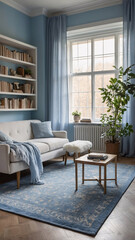 Peaceful reading and living room space with a baby blue couch bookshelf and expansive windows bringing nature inside transitional interior design