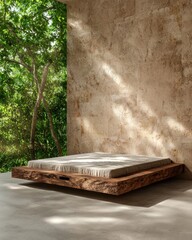 Minimalist bedroom design with a wooden platform bed and a view of lush greenery