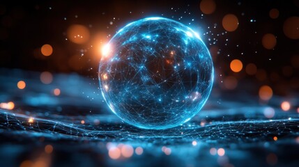 Glowing blue sphere with network connections on dark background.