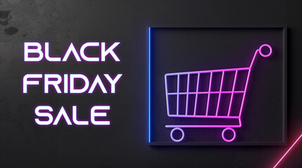 Eye-catching Black Friday Sale banner design with neon-style typography on a dark background and glowing shopping cart graphics.