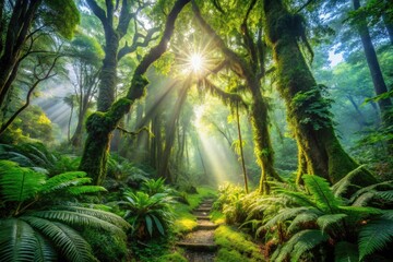 Naklejka premium Ethereal jungle scenes: Ang Ka Nature Trail's surreal photography showcases Doi Inthanon's rainforest magic.