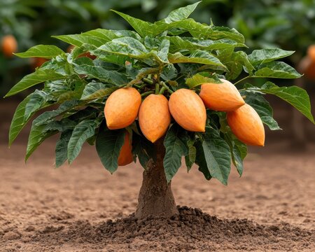 Close-up of a young papaya tree with ripe orange fruits