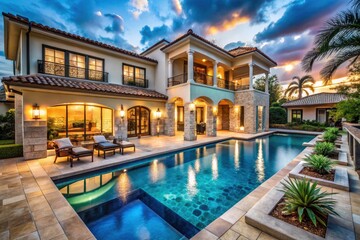 Fototapeta premium Exquisite pool house exterior: marble, tile, and natural stone blend seamlessly for ultimate elegance.