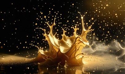 Golden sparkling abstract background. Abstract fluid art painting. Gold dreamy wallpaper. Mixture of colors creating golden waves and golden swirls. Wallpaper, cover. Luxury art background.
