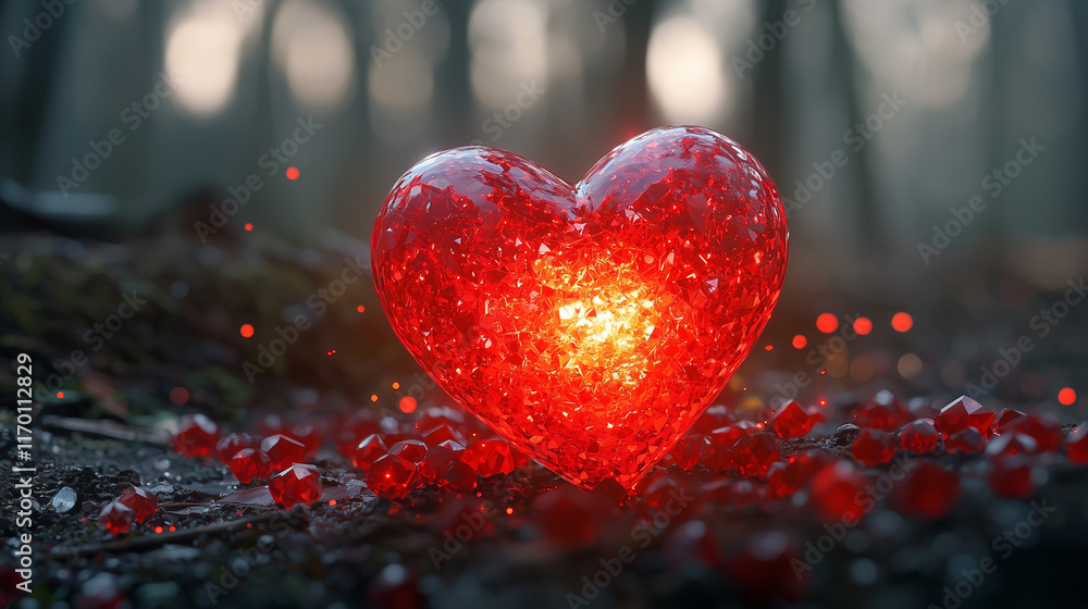Poster a glowing red heart-shaped crystal surrounded by small red stones, emitting a sparkling light, creat