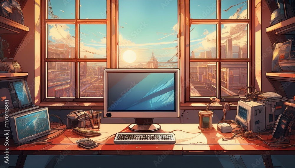 Poster set up computer with blank screen and reflection in window