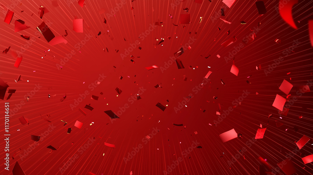 Poster a clean and dynamic scene showing red confetti scattered across a bright red background with radiati