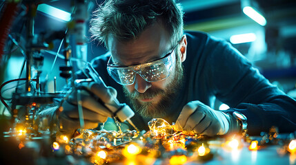 focused researcher examines intricate electronic components with precision, showcasing dedication in vibrant lab environment