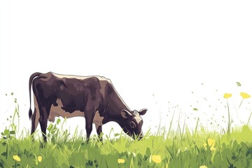 Cow grazing pasture field, spring flowers, idyllic rural scene, farming