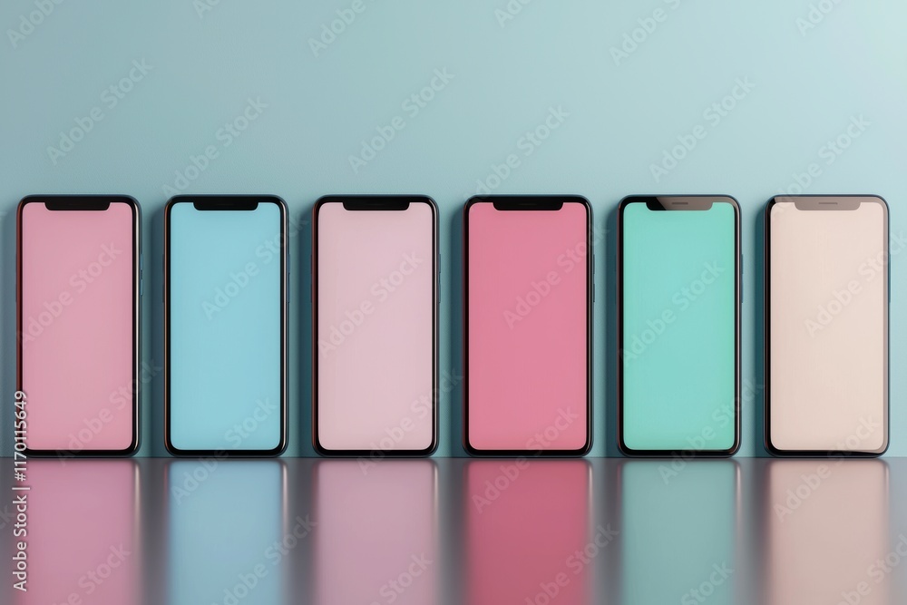 Poster colorful smartphone displays in a modern setting with reflection