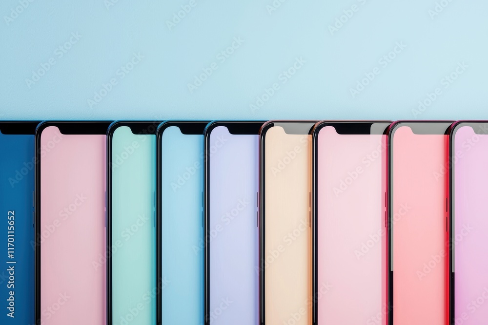 Poster colorful smartphone display in a row on a light blue background