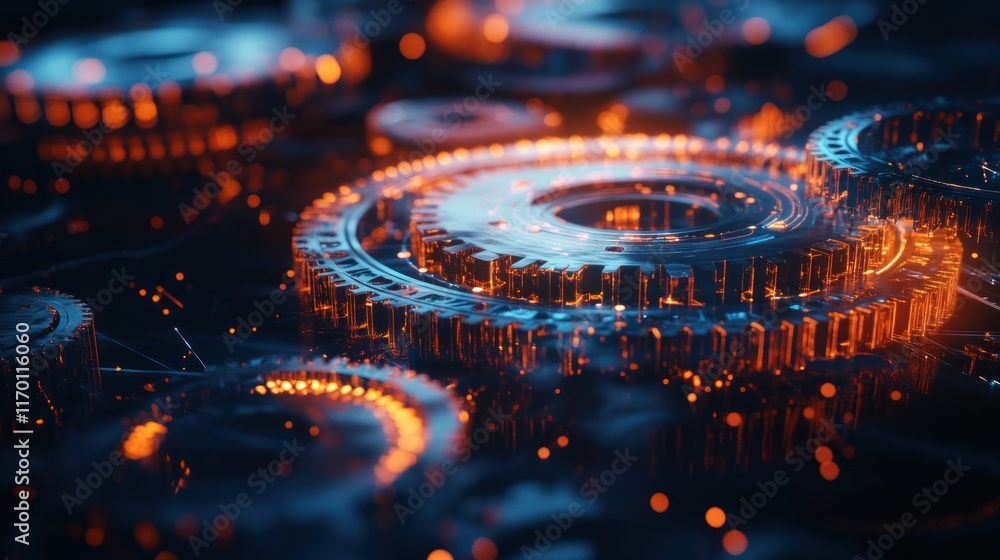 Leinwandbilder A close-up view of glowing gears and mechanical components in a futuristic setting.