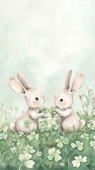 Obraz premium Two Adorable Rabbits Sharing Clovers in a Field