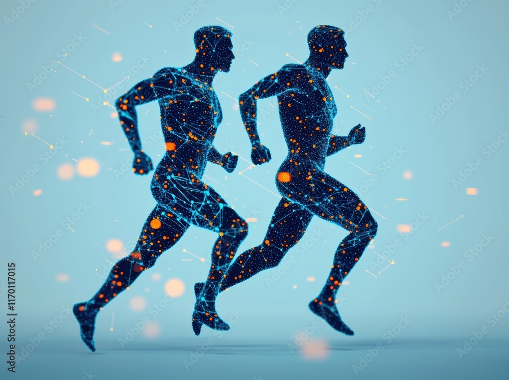 Poster dynamic abstract silhouettes of two running men in motion