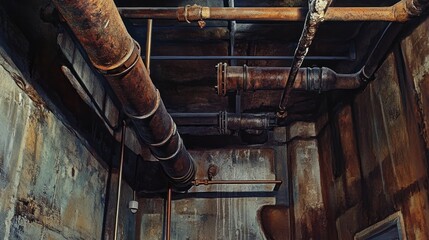 A close-up view of rusty pipes and industrial structures in a dimly lit environment.