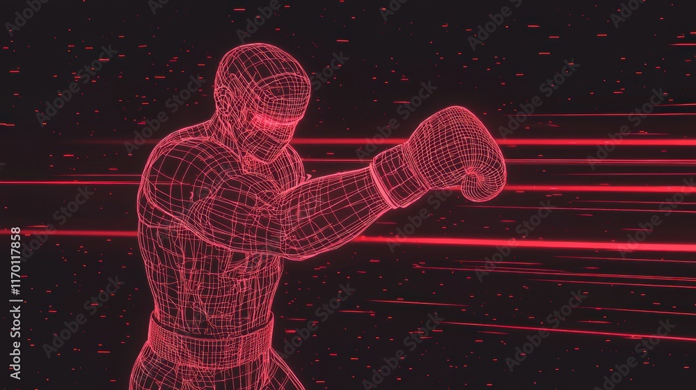 Poster wireframe boxer with dynamic motion in digital space design