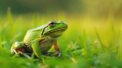 Obraz premium European tree frog sitting on hay against a clear green background, AI generated image
