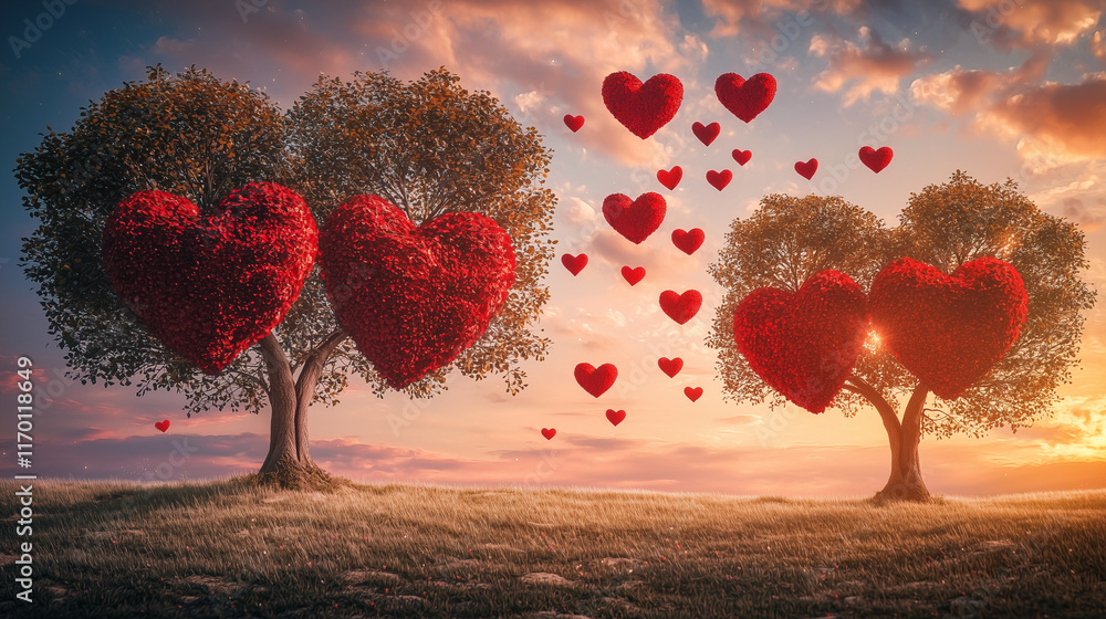 Poster a romantic landscape with large heart-shaped trees in the foreground, surrounded by floating red hea