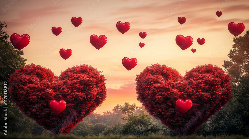 Poster a romantic landscape with large heart-shaped trees in the foreground, surrounded by floating red hea