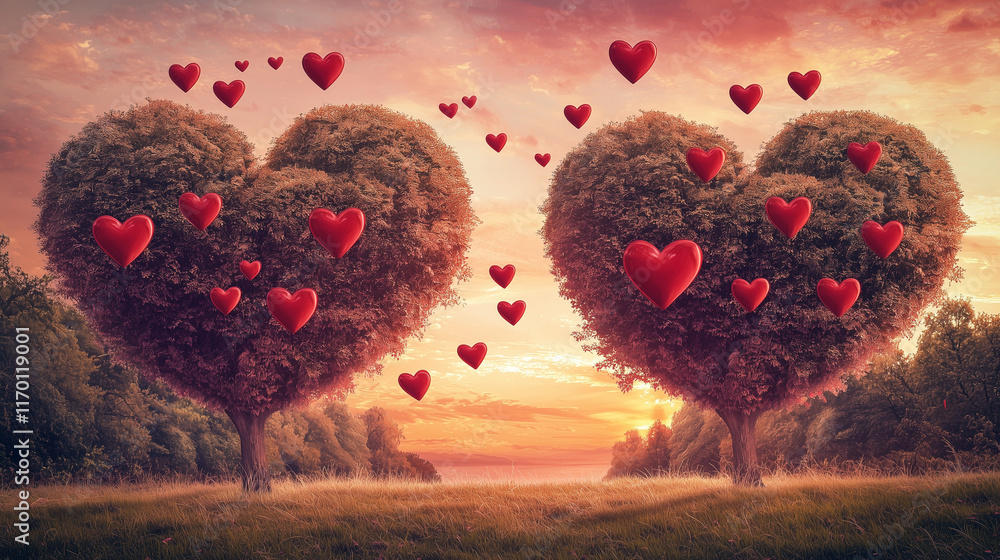 Poster a romantic landscape with large heart-shaped trees in the foreground, surrounded by floating red hea