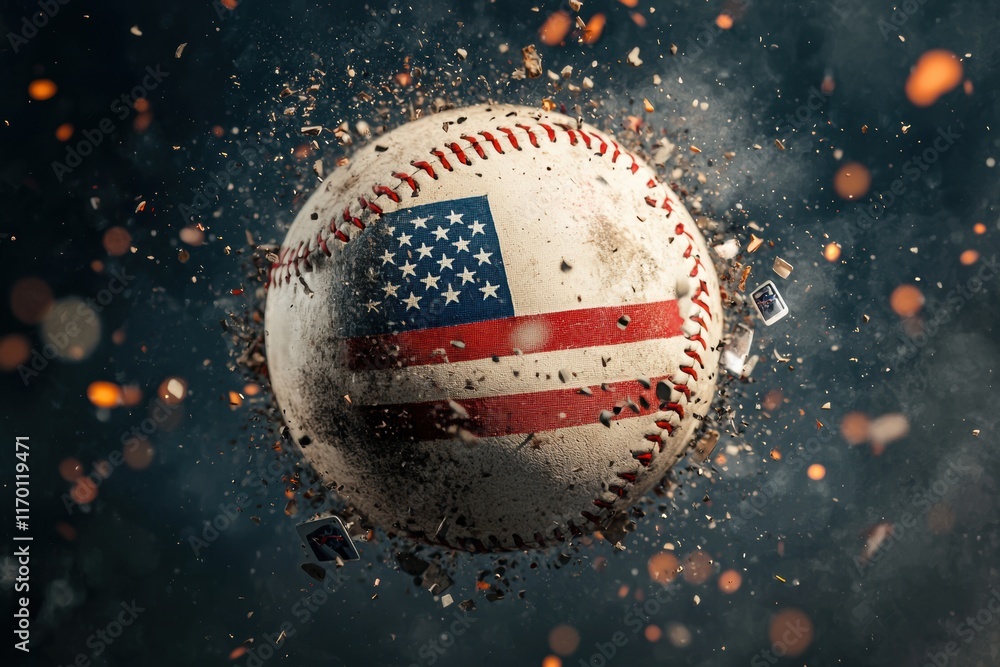 Poster exploding baseball with american flag design on dark background
