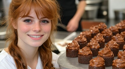 A smiling young chef with chocolate cupcakes.