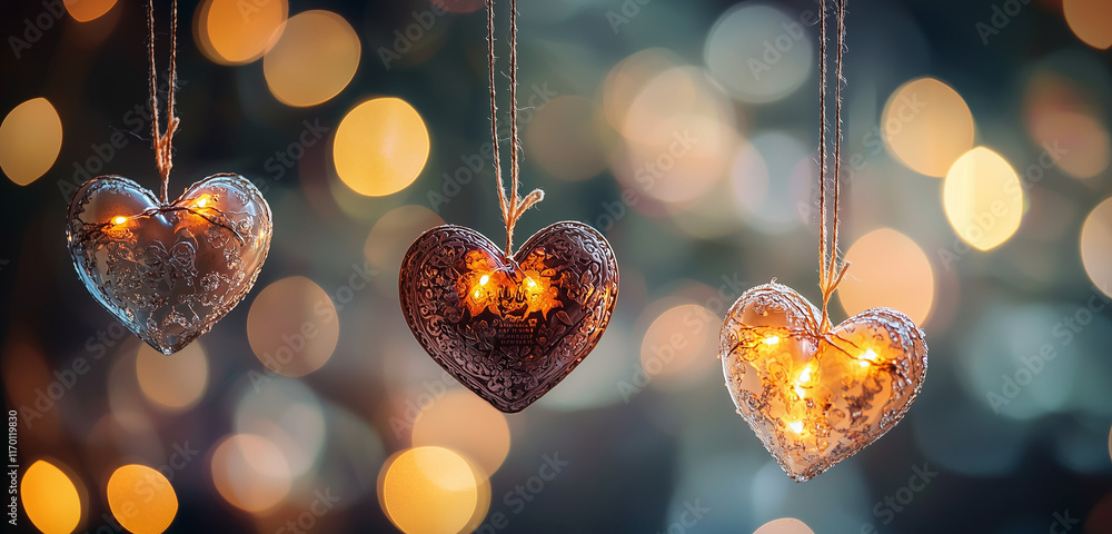 Poster a simple yet captivating composition of heart-shaped objects hanging from delicate strings, glowing 