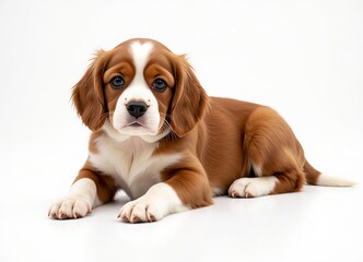 Brown and white puppy on white background, lying down