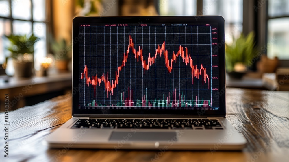 Poster a laptop displaying a stock market graph with fluctuating lines and data, set on a wooden table in a