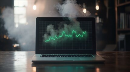 A laptop displays a green stock market graph with smoke in the background, suggesting a dynamic business environment.