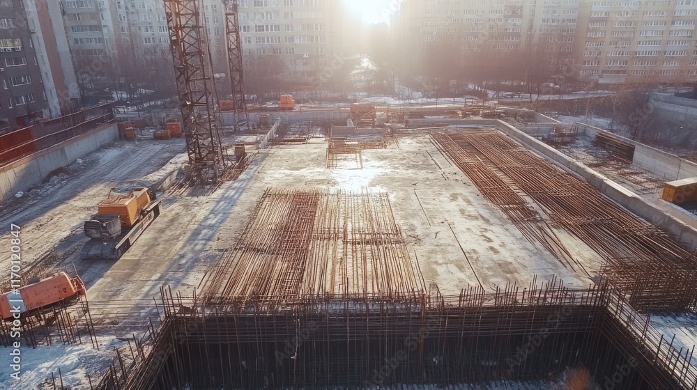 Aufkleber A construction site with rebar framework and machinery under sunlight.