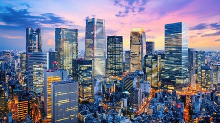 Obraz premium A dramatic view of the Shinjuku skyline at night, with towering skyscrapers and glowing windows.